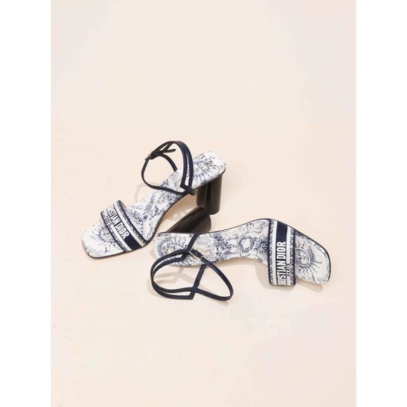 Dior Bandana Embroidered Deep Blue Dway Heeled Sandal Strap Low Heel Pumps EU38/ - Picture 1 of 14